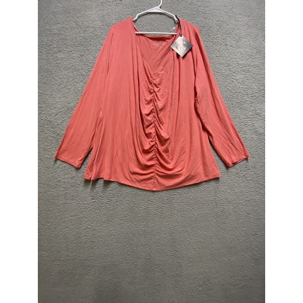 Ava & Viv Women's Coral Red Long Sleeve Pullover Ruched Knit Top Plus Size 3X Ne